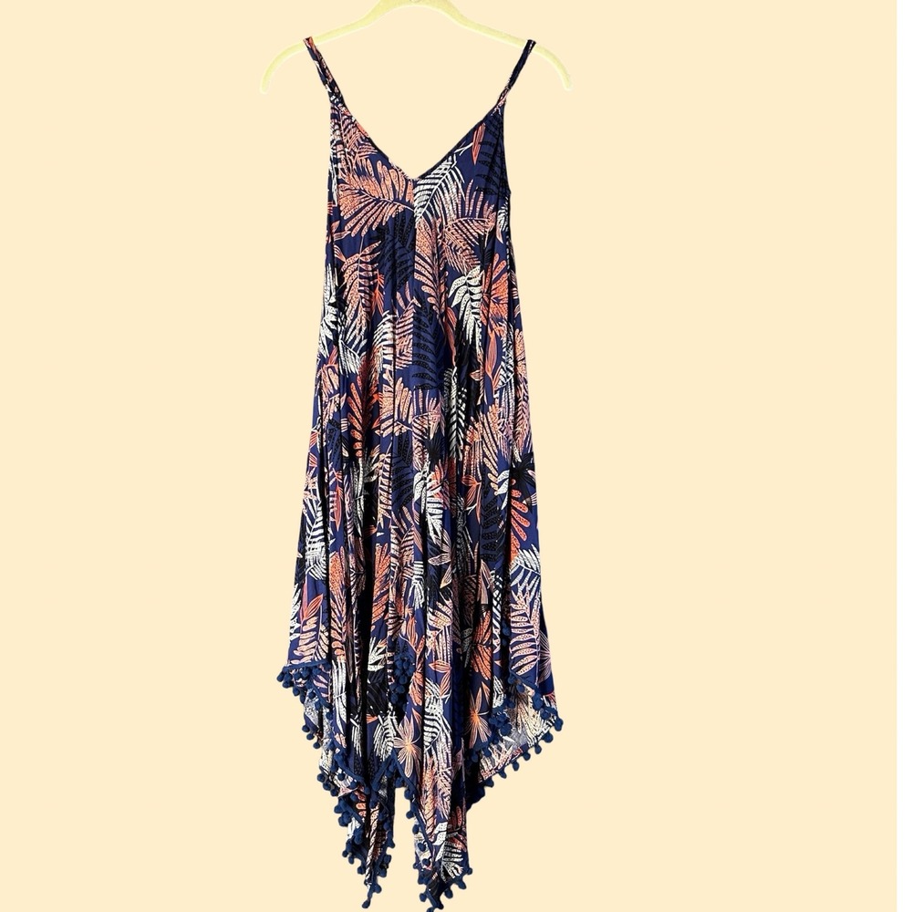 Goa Beachwear by Japna Dress Women S Blue Tropical Palm Handkerchief Pom Pom Exc